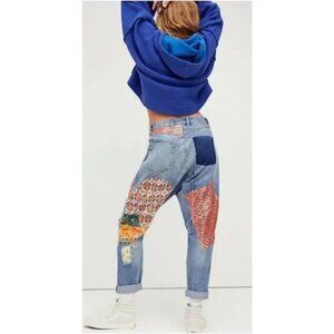 Free People High Rise Patchwork Jeans - Blue and Multicolor
